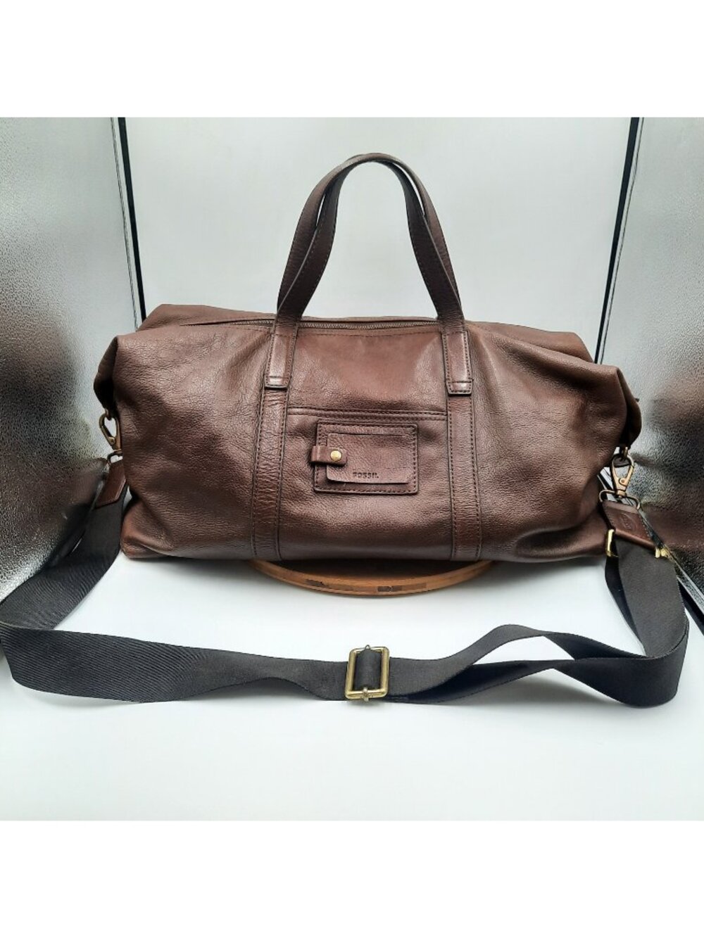 Fossil Duffel Bag Brown Pebbled Leather Weekender Travel Luggage Overnight READ